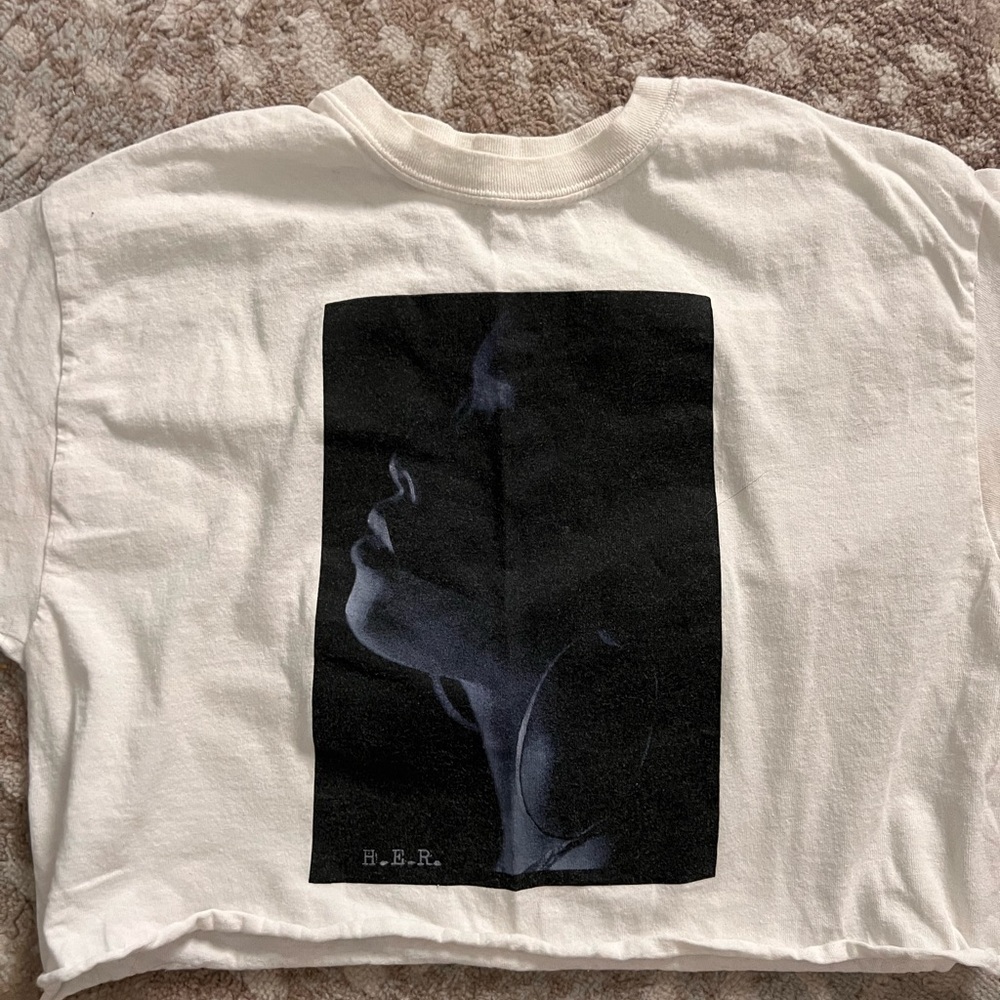 White Graphic Crop Tee with Monochrome Portrait